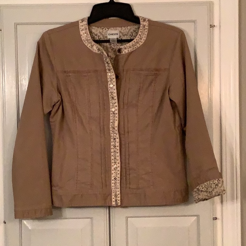 Chico’s Khaki Denim Embellished Jacket Sz1
